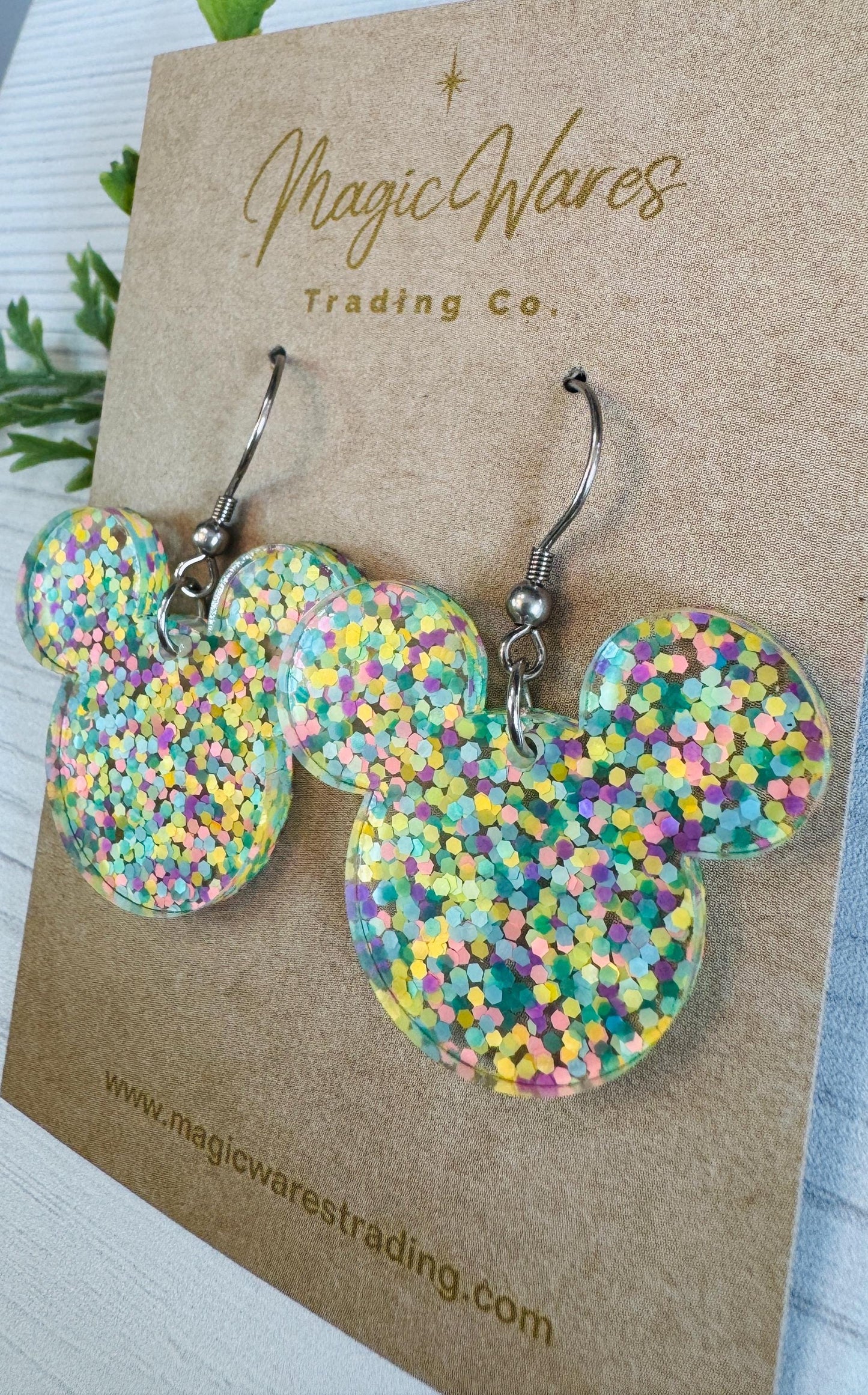 Pastel Confetti Glitter Mouse head Dangle Earrings, Laser cut Glitter Acrylic Earrings, Spring earrings, Easter earrings