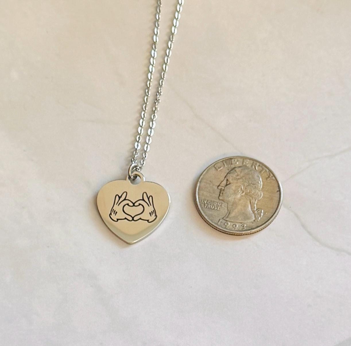Heart Mickey Hands Engraved Stainless Steel Necklace, Silver or Gold Laser Engraved Necklace, Gift for Mom, Mothers Day Gift