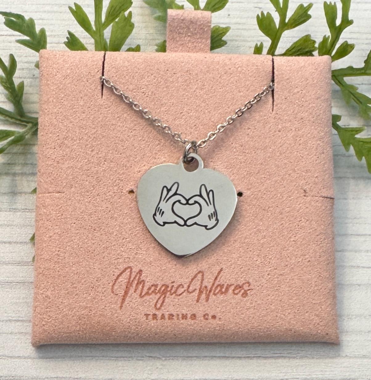 Heart Mickey Hands Engraved Stainless Steel Necklace, Silver or Gold Laser Engraved Necklace, Gift for Mom, Mothers Day Gift