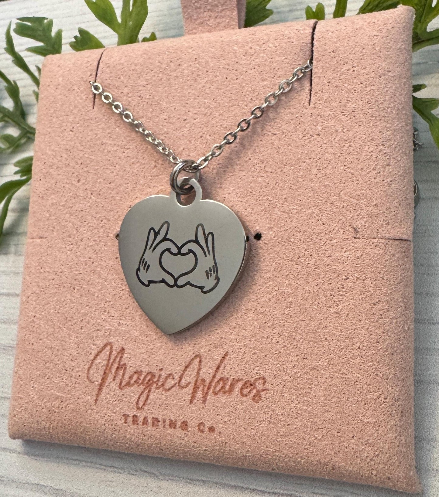 Heart Mickey Hands Engraved Stainless Steel Necklace, Silver or Gold Laser Engraved Necklace, Gift for Mom, Mothers Day Gift