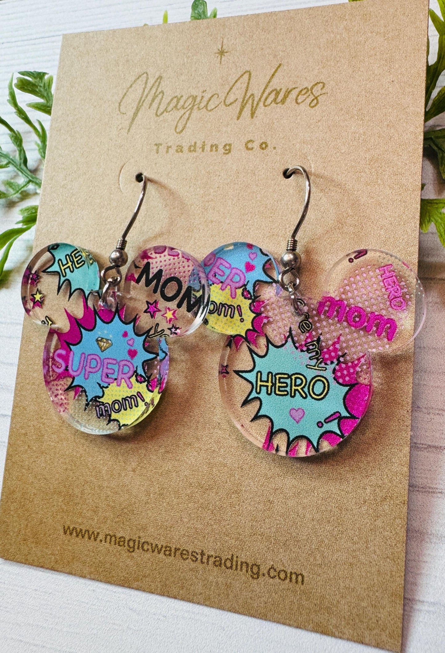Super Hero Mom Mouse Head shaped Acrylic Earrings, Super Hero pattern Acrylic Dangle Earrings, Mothers Day Earrings, Gifts for Mom