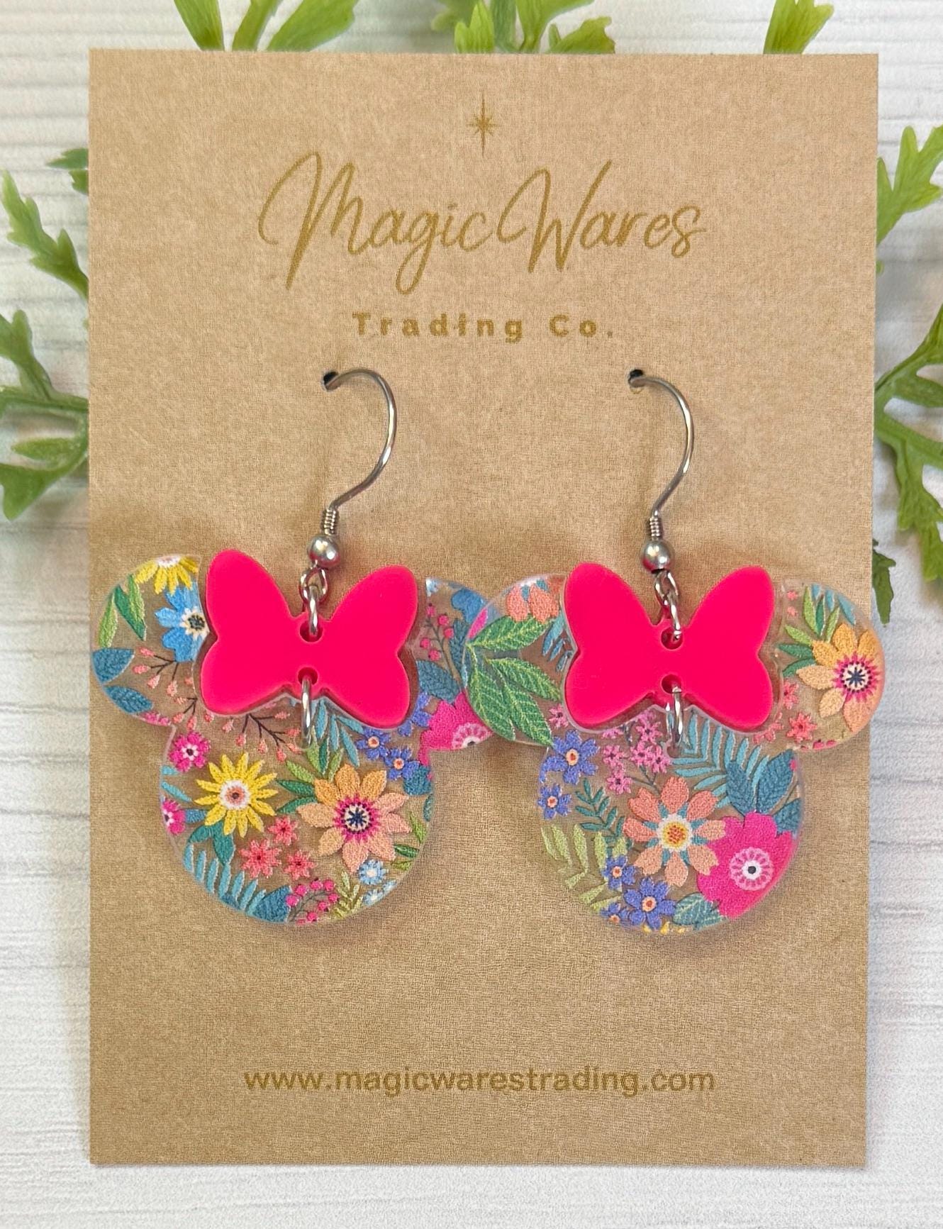 Bright Floral Garden Minnie, Hot Pink Minnie Bow Dangle, Laser cut Floral Pattern Acrylic Earrings, Flower and Garden earrings