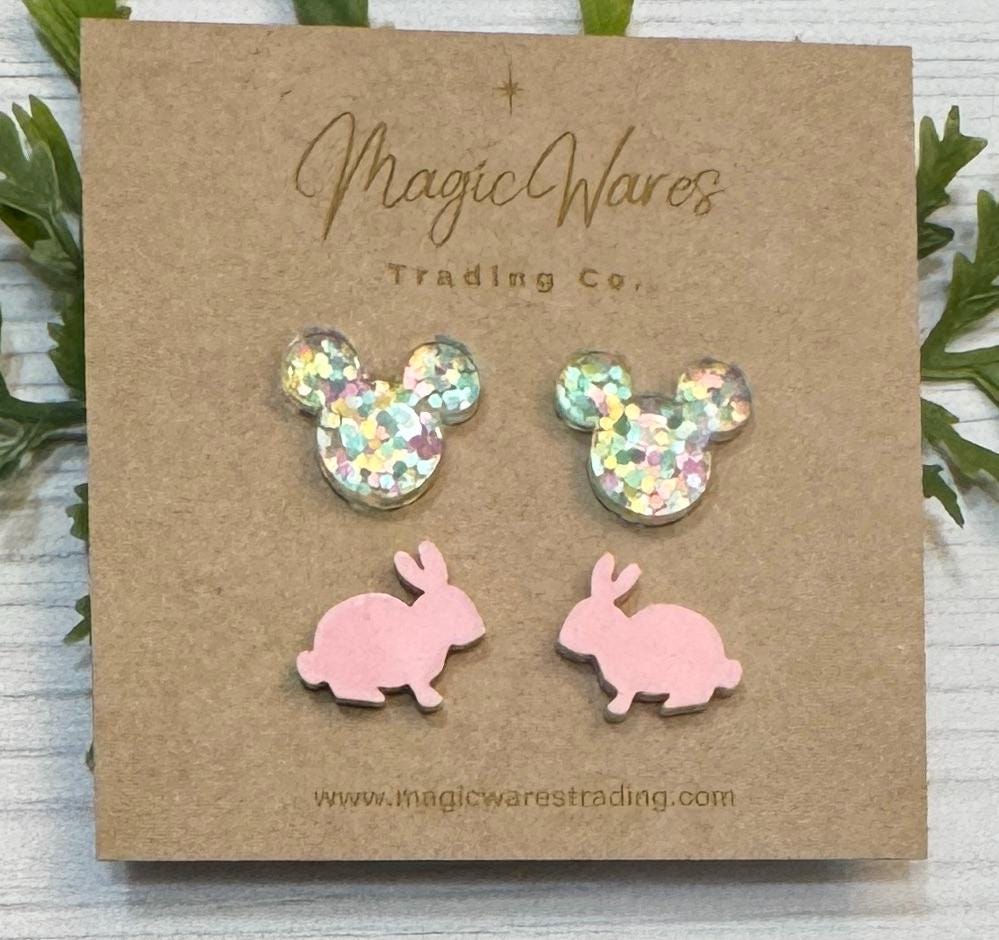 Bunny and Pastel Glitter Stud Earring Combo, Laser cut Pink Acrylic Bunny and Easter Glitter Mouse head shaped Acrylic Post Earrings