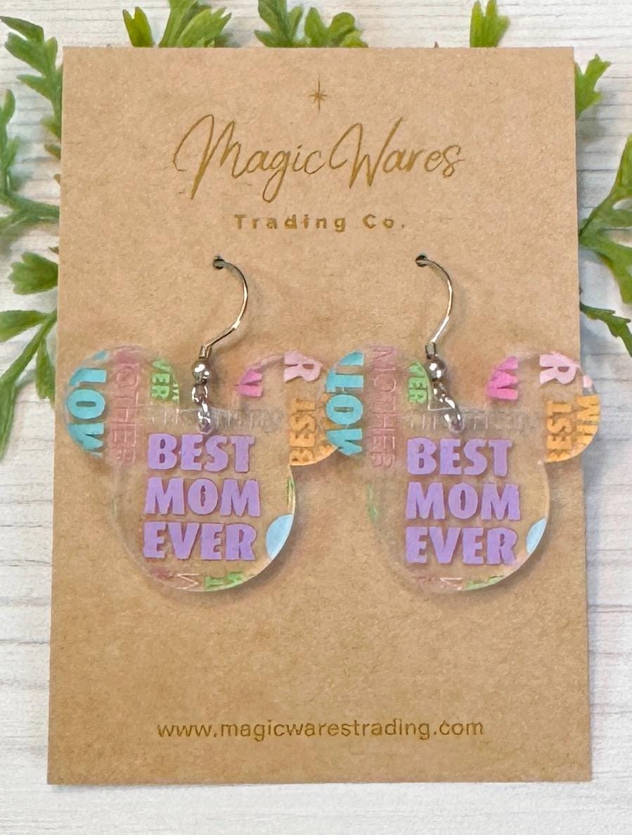 Best Mom Ever Mouse Head shaped Acrylic Earrings, Mothers Day pattern Acrylic Dangle Earrings, Mothers Day Earrings, Gifts for Mom
