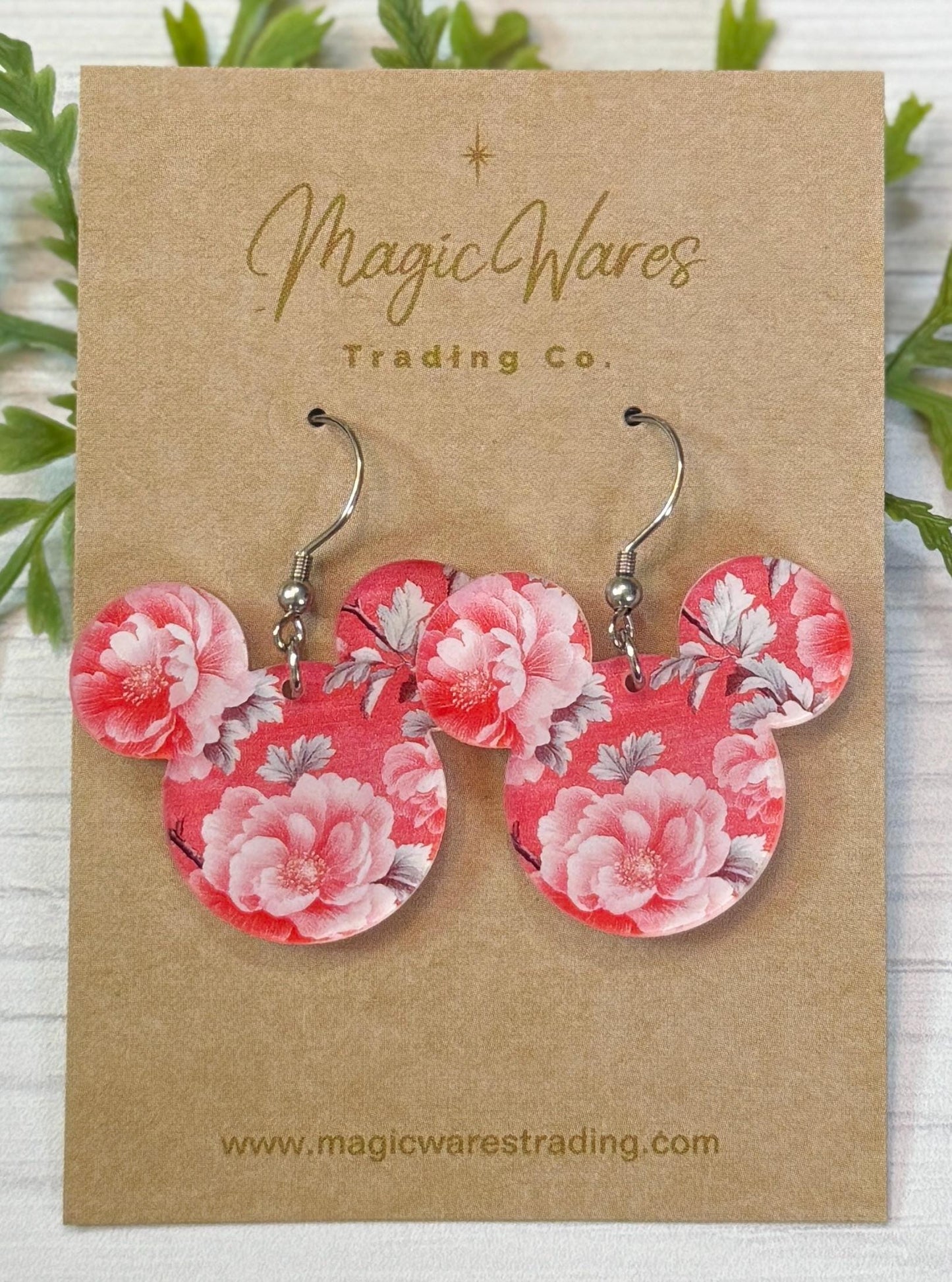 Romantic Floral Mouse Head Laser Cut Earrings, Rococo Pink Roses Patterned Acrylic Dangle Earrings Hypoallergenic, Gifts for Mom