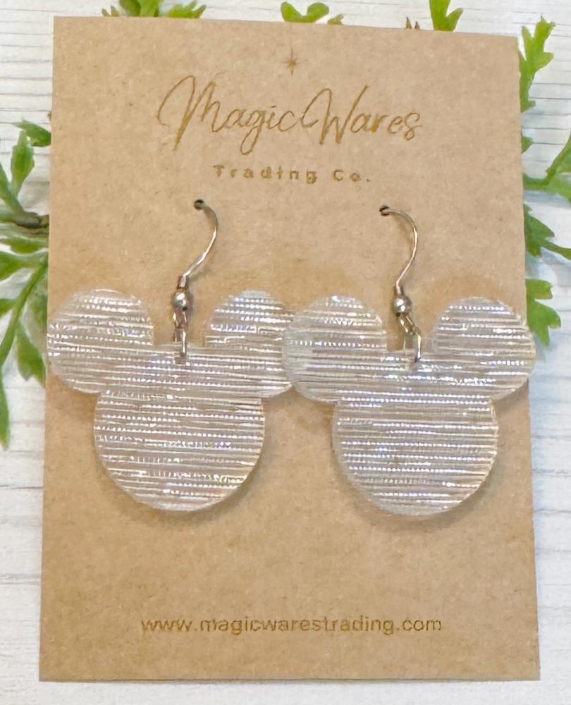 Silver Shimmer Mouse head Dangle Earrings, Laser cut from Silver Fabric Acrylic Earrings, Lightweight Silver shimmer acrylic earrings