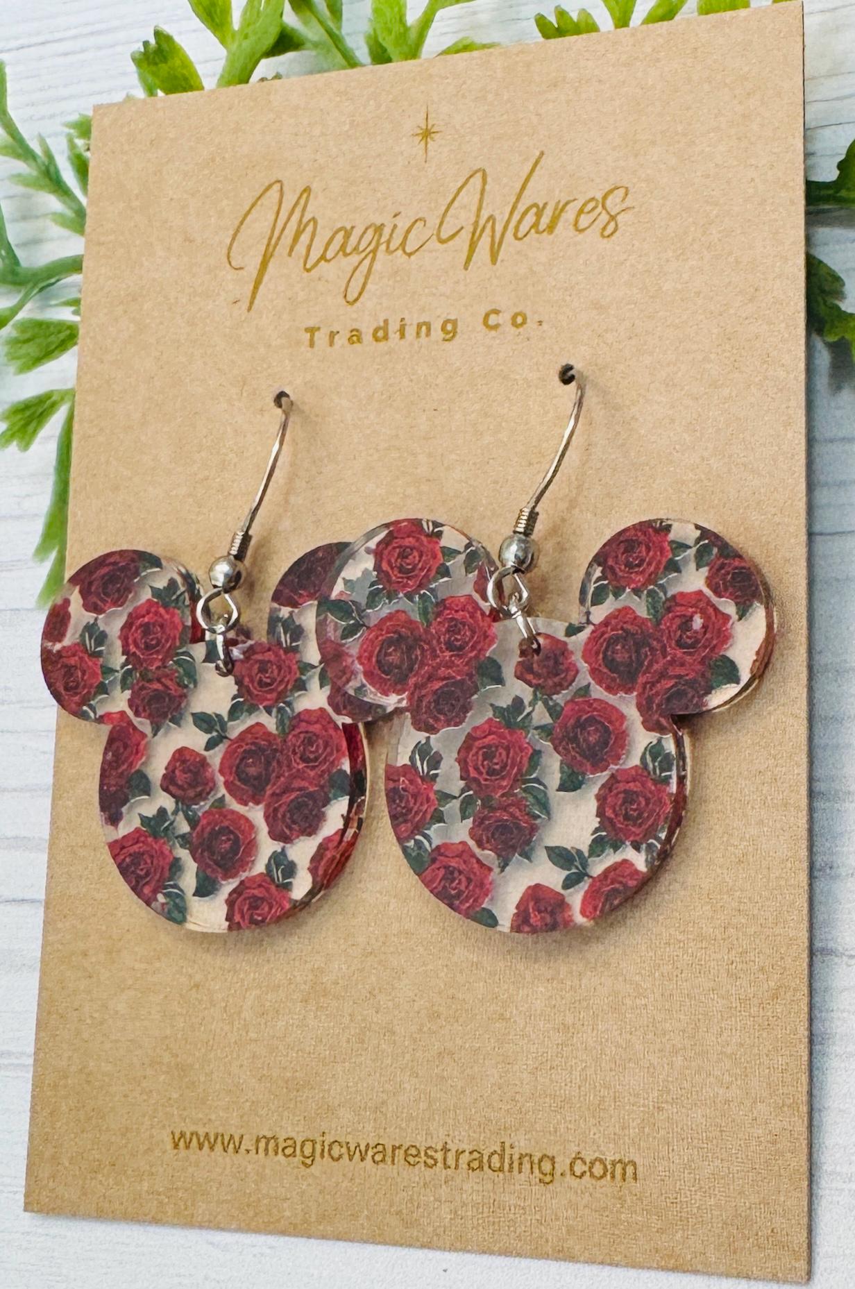 Red Roses Mouse Head Laser Cut Earrings, Red Roses Patterned Acrylic Dangle Earrings, Gifts for Mothers Day, Valentines Earrings