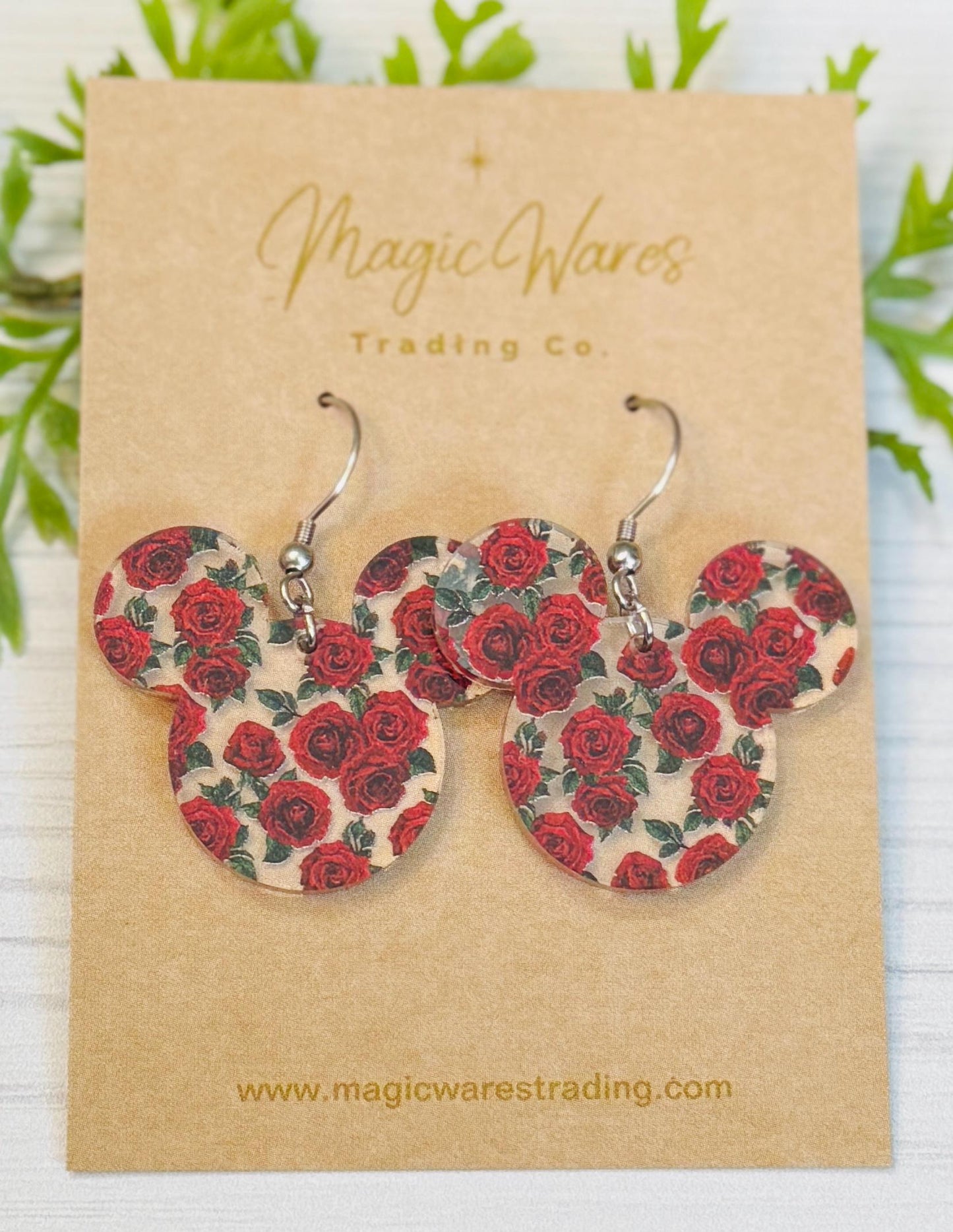 Red Roses Mouse Head Laser Cut Earrings, Red Roses Patterned Acrylic Dangle Earrings, Gifts for Mothers Day, Valentines Earrings