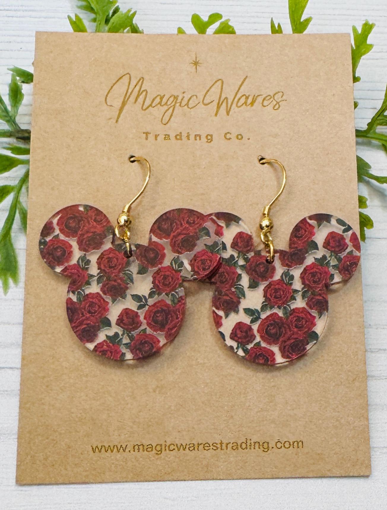 Red Roses Mouse Head Laser Cut Earrings, Red Roses Patterned Acrylic Dangle Earrings, Gifts for Mothers Day, Valentines Earrings