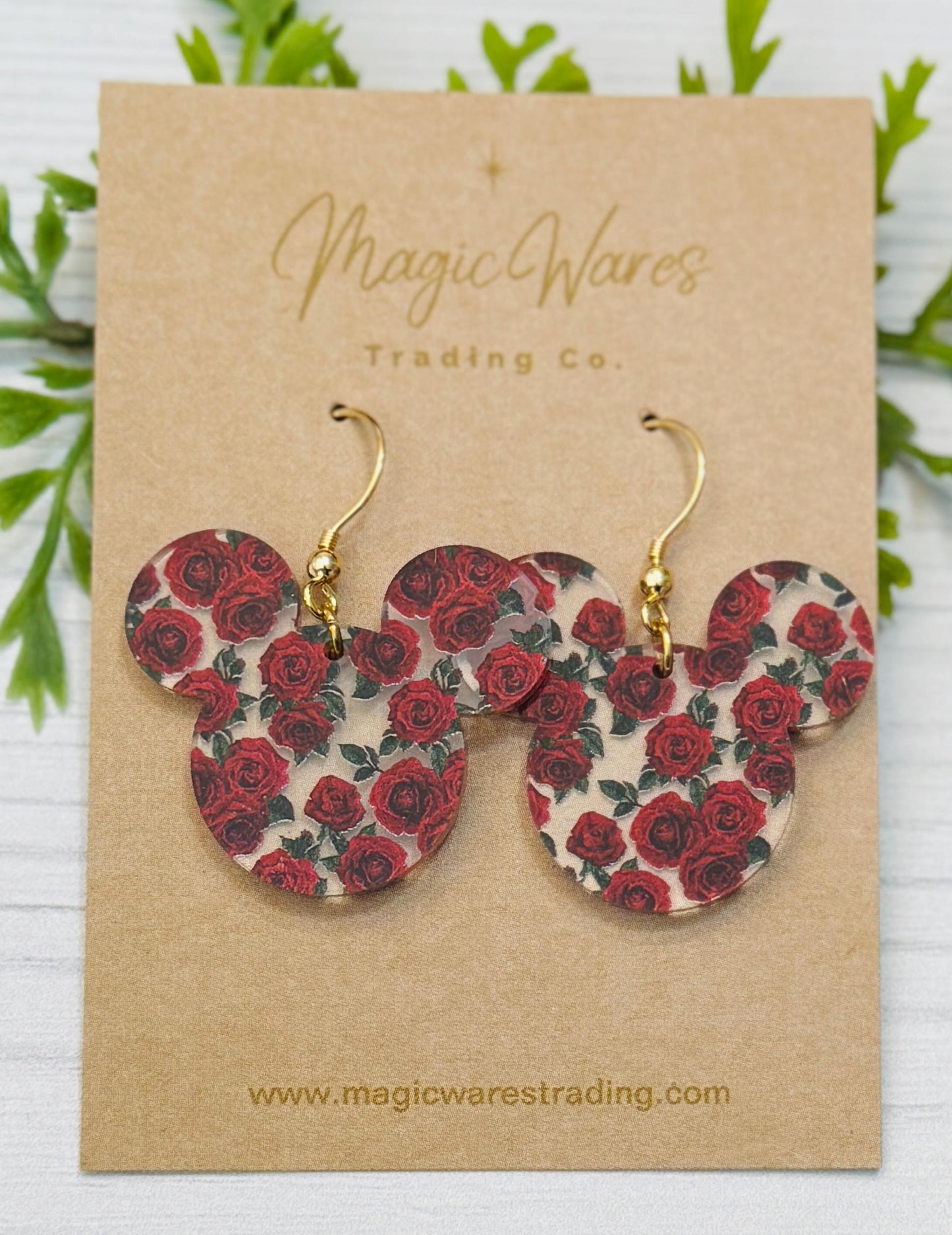 Red Roses Mouse Head Laser Cut Earrings, Red Roses Patterned Acrylic Dangle Earrings, Gifts for Mothers Day, Valentines Earrings