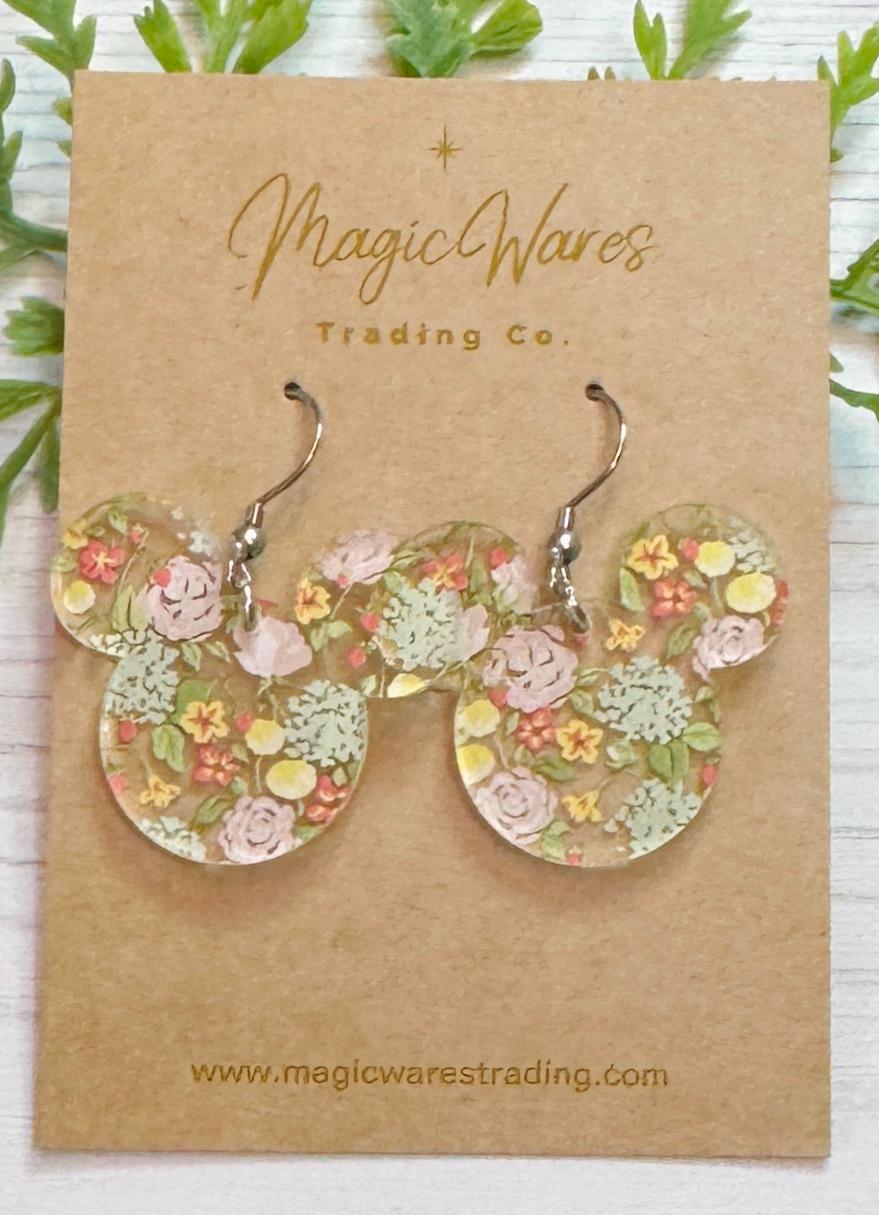 Sunday Brunch Floral Mouse Head shaped Acrylic Earrings, Floral pattern Acrylic Dangle Earrings, Mothers Day Earrings, Gifts for Mom