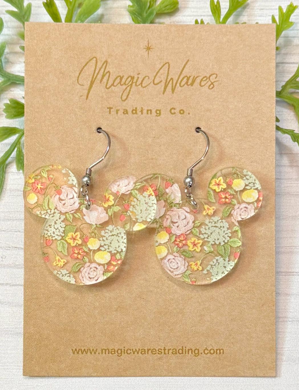 Sunday Brunch Floral Mouse Head shaped Acrylic Earrings, Floral pattern Acrylic Dangle Earrings, Mothers Day Earrings, Gifts for Mom