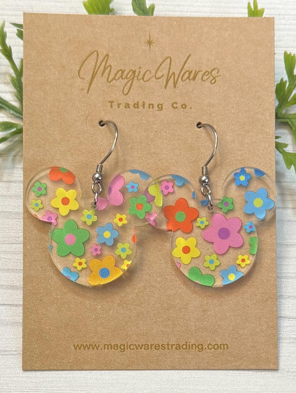 POP Century Floral Mouse Dangle Earrings, Bright Floral patterned Crystal Acrylic Earrings, Spring Earrings, Gifts for Mom
