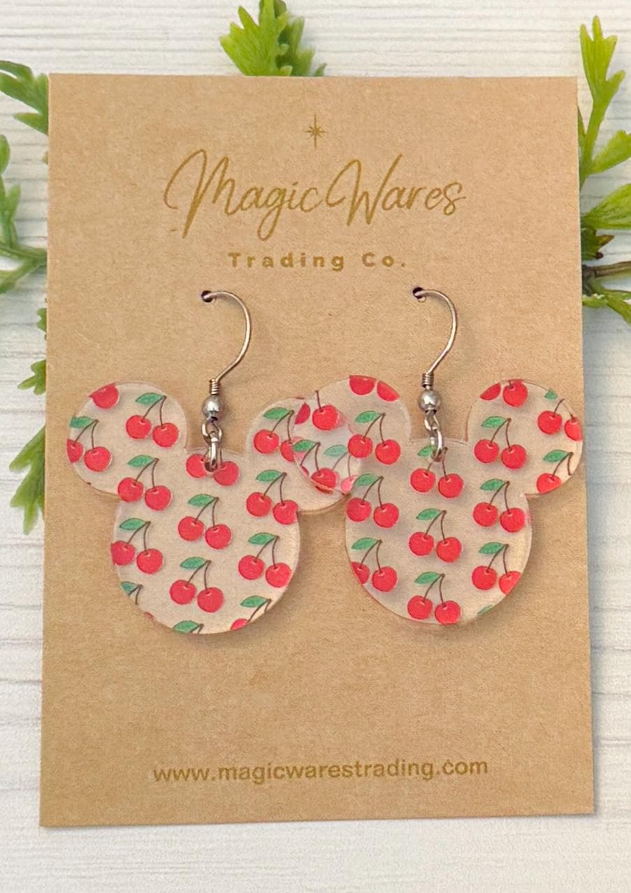 Cherries Mouse Dangle Earrings, Bright Cherry Printed Pattern Acrylic, Lightweight dangle earrings, Magical Earrings, Summer Earrings