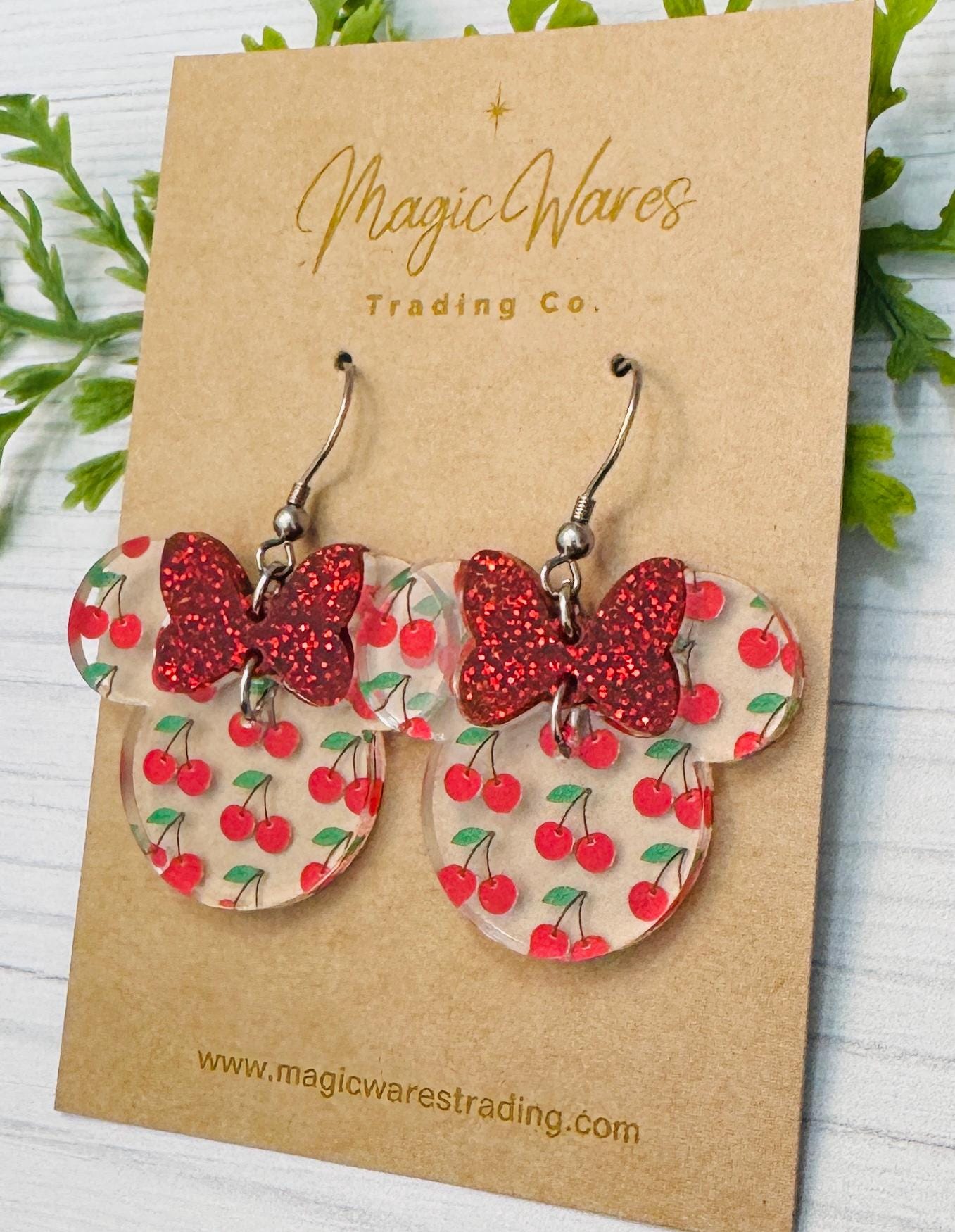 Cherry Minnie Red Glitter Bow Dangle, Laser cut Cherry Pattern Clear Acrylic Earrings, Summer Earrings, Minnie Earrings for Summer
