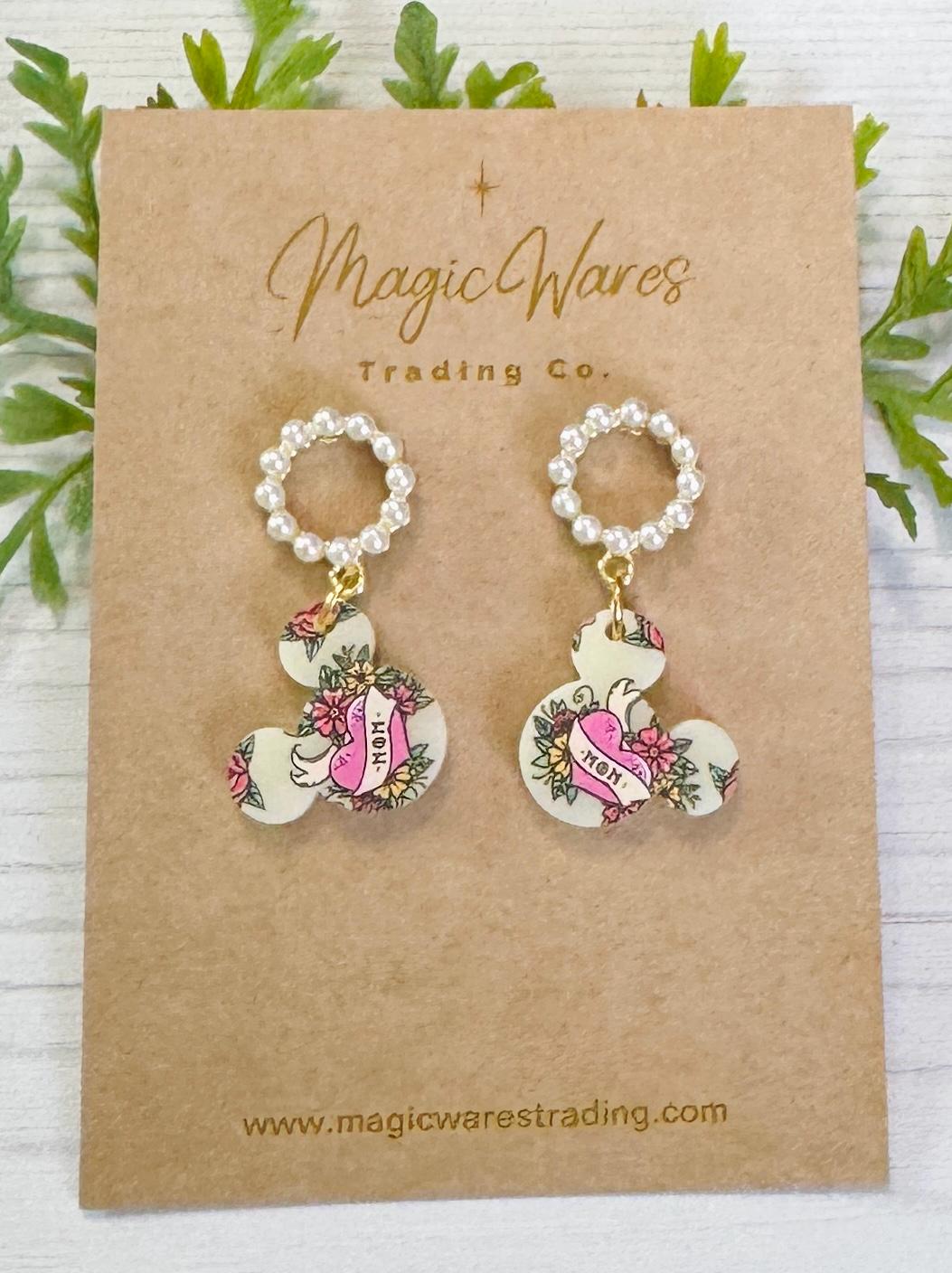 Mom Tattoo Mouse Head Pearl Stud Earrings, Laser Cut Pattern Ivory Acrylic, Pearl Sterling Silver Stud Earrings, Mothers Day Earrings