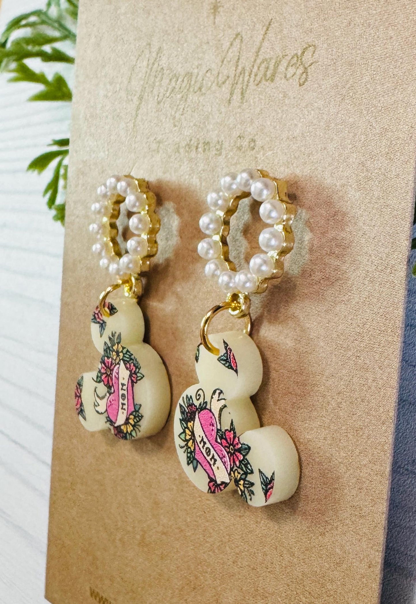 Mom Tattoo Mouse Head Pearl Stud Earrings, Laser Cut Pattern Ivory Acrylic, Pearl Sterling Silver Stud Earrings, Mothers Day Earrings
