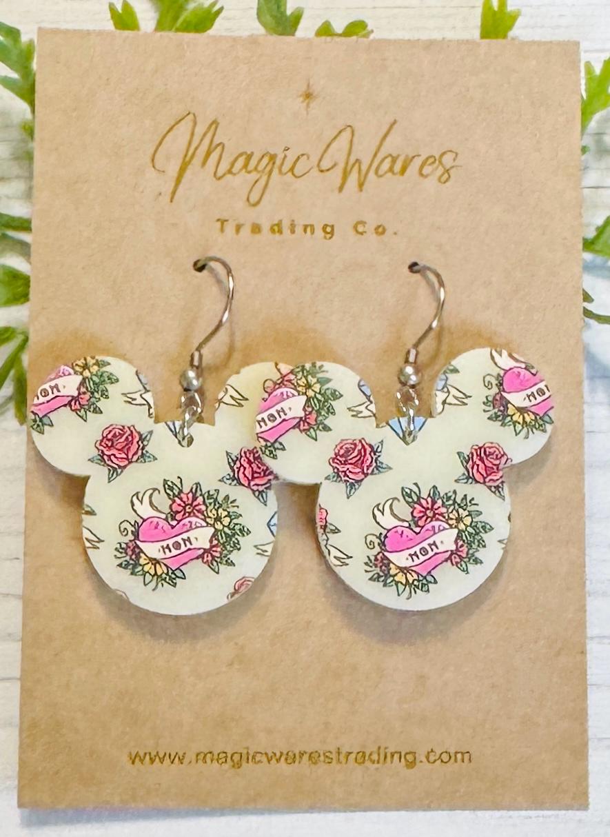 Mom Tattoo Mouse Head shaped Acrylic Earrings, 3 styles of Mothers Day Earrings, Mom Heart Tattoo pattern on Ivory Acrylic, Gifts for Mom