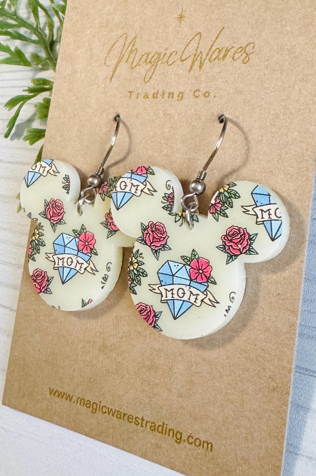 Mom Tattoo Mouse Head shaped Acrylic Earrings, 3 styles of Mothers Day Earrings, Mom Heart Tattoo pattern on Ivory Acrylic, Gifts for Mom