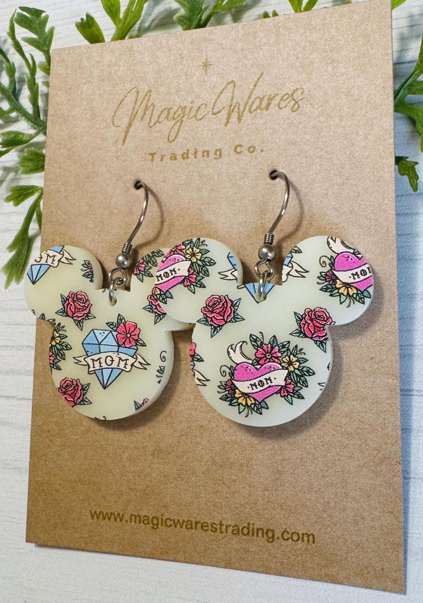 Mom Tattoo Mouse Head shaped Acrylic Earrings, 3 styles of Mothers Day Earrings, Mom Heart Tattoo pattern on Ivory Acrylic, Gifts for Mom
