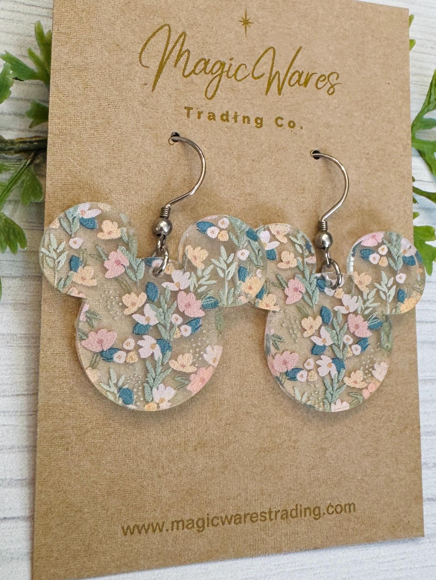Sweetest Floral Mouse Dangle Earrings, Floral patterned Crystal Acrylic Earrings, Spring Earrings, Gifts for Mom, Flower earrings for spring
