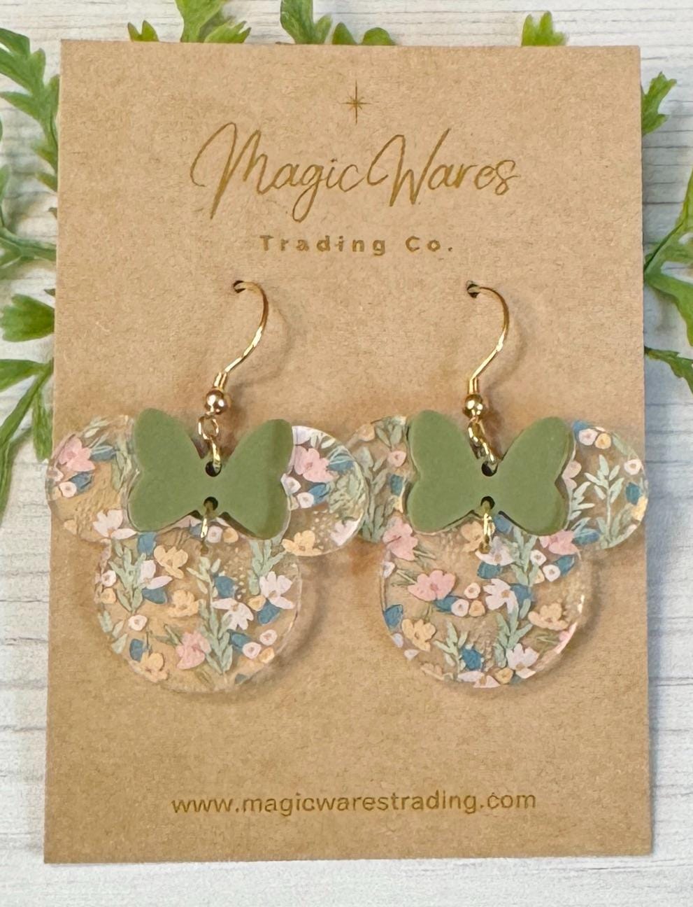 Sweetest Floral Minnie Earrings, Pink or Green Bow Laser cut Crystal acrylic with Floral Pattern, Flower and Garden earrings, Mothers Day