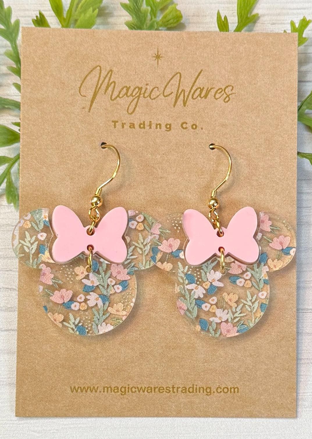 Sweetest Floral Minnie Earrings, Pink or Green Bow Laser cut Crystal acrylic with Floral Pattern, Flower and Garden earrings, Mothers Day