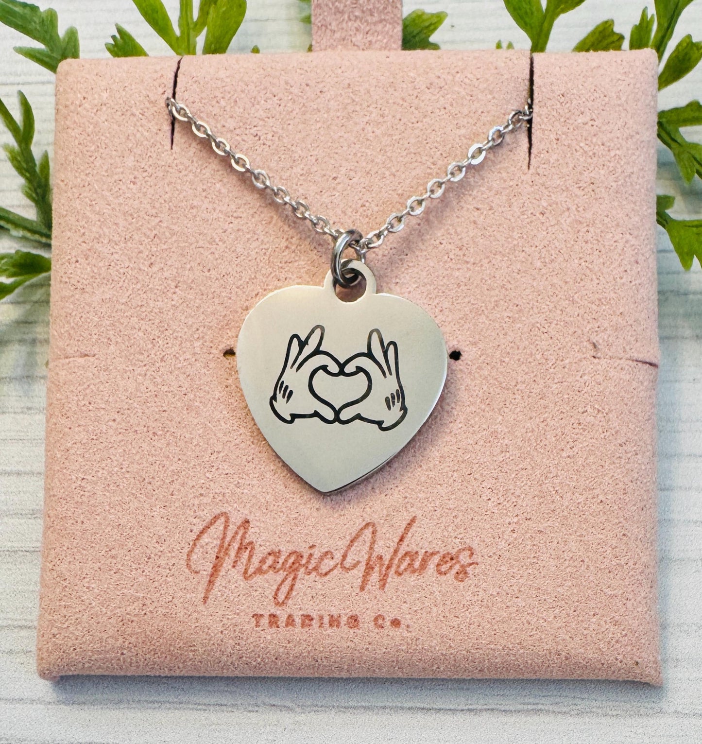Heart Mickey Hands Engraved Stainless Steel Necklace, Silver or Gold Laser Engraved Necklace, Gift for Mom, Mothers Day Gift