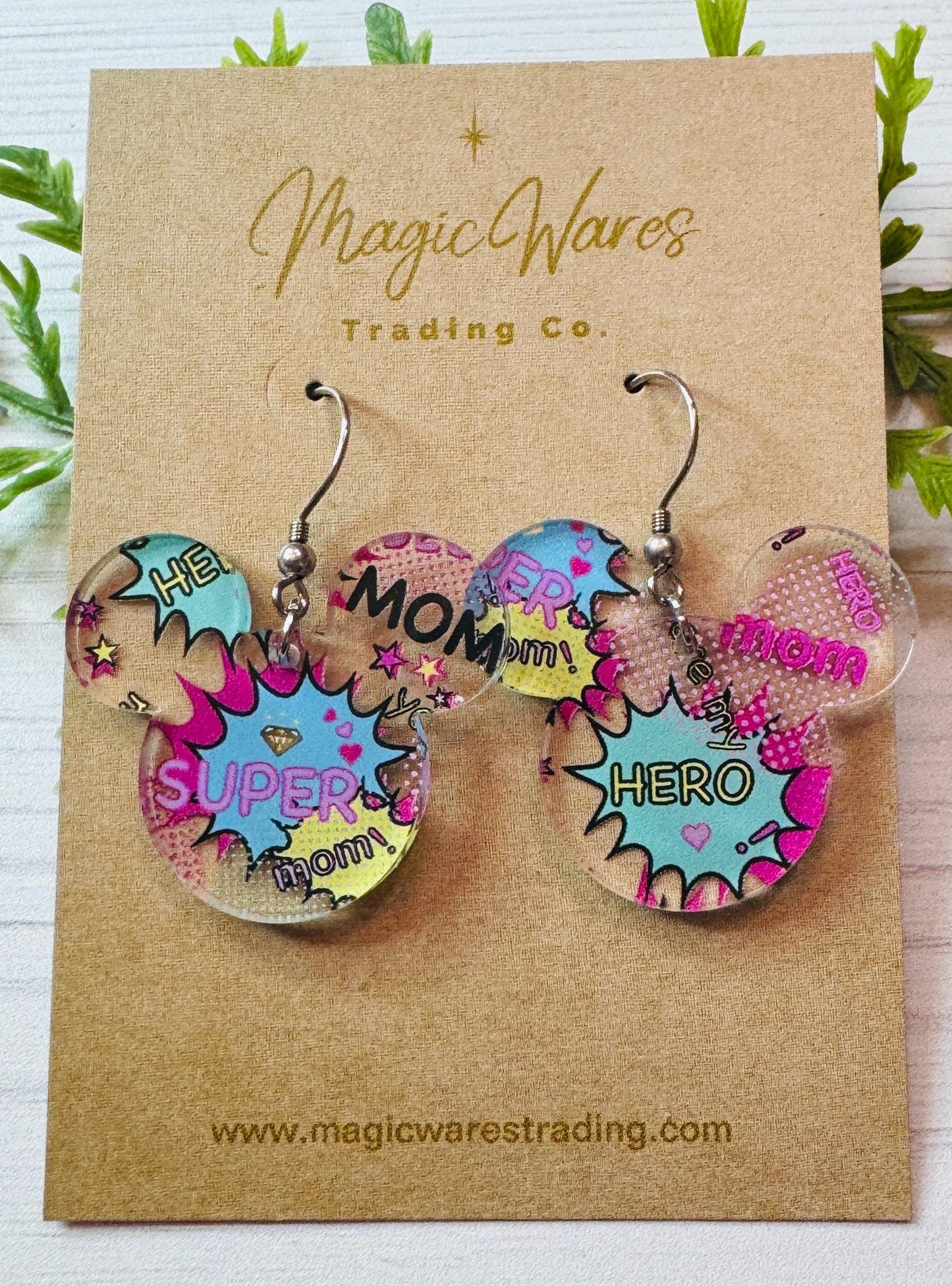 Super Hero Mom Mouse Head shaped Acrylic Earrings, Super Hero pattern Acrylic Dangle Earrings, Mothers Day Earrings, Gifts for Mom