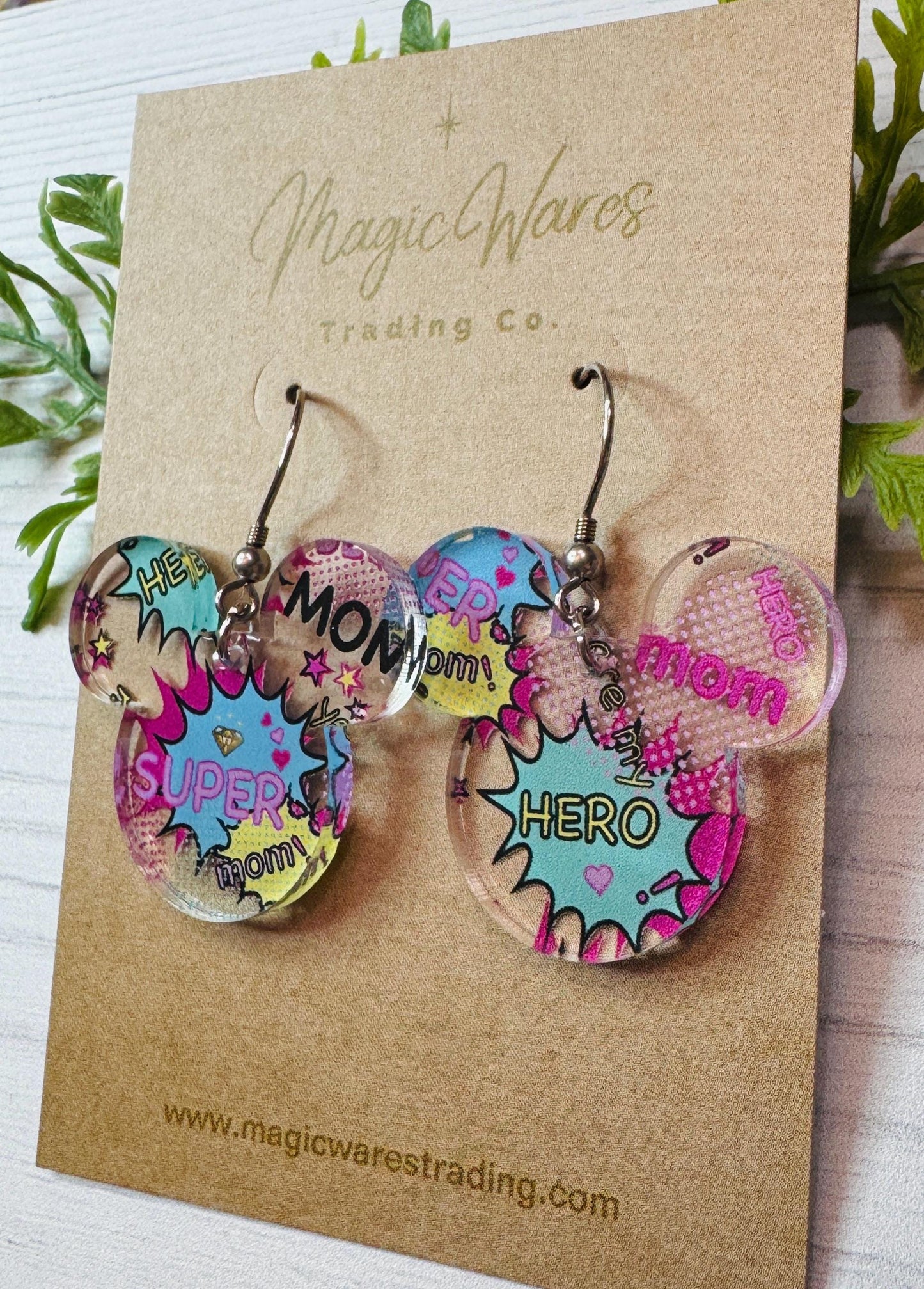 Super Hero Mom Mouse Head shaped Acrylic Earrings, Super Hero pattern Acrylic Dangle Earrings, Mothers Day Earrings, Gifts for Mom