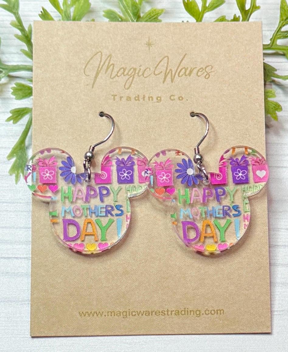 Happy Mothers Day Mouse Head shaped Acrylic Earrings, Mothers Day pattern Acrylic Dangle Earrings, Mothers Day Earrings, Gifts for Mom