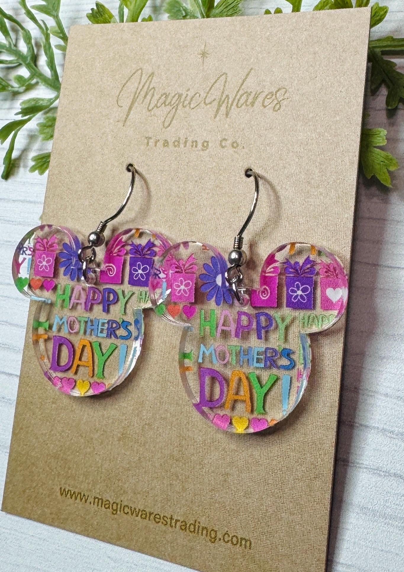 Happy Mothers Day Mouse Head shaped Acrylic Earrings, Mothers Day pattern Acrylic Dangle Earrings, Mothers Day Earrings, Gifts for Mom