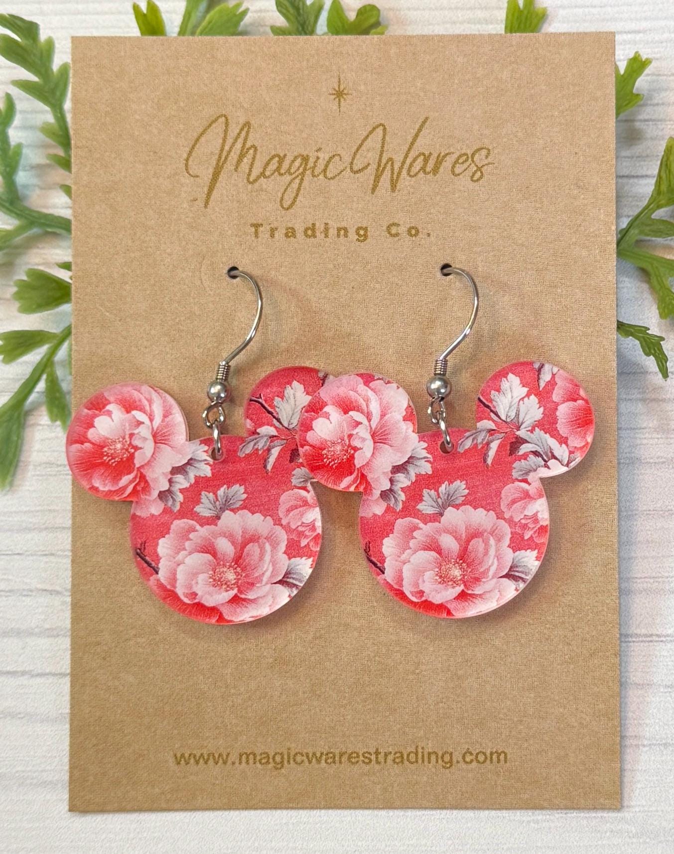 Romantic Floral Mouse Head Laser Cut Earrings, Rococo Pink Roses Patterned Acrylic Dangle Earrings Hypoallergenic, Gifts for Mom