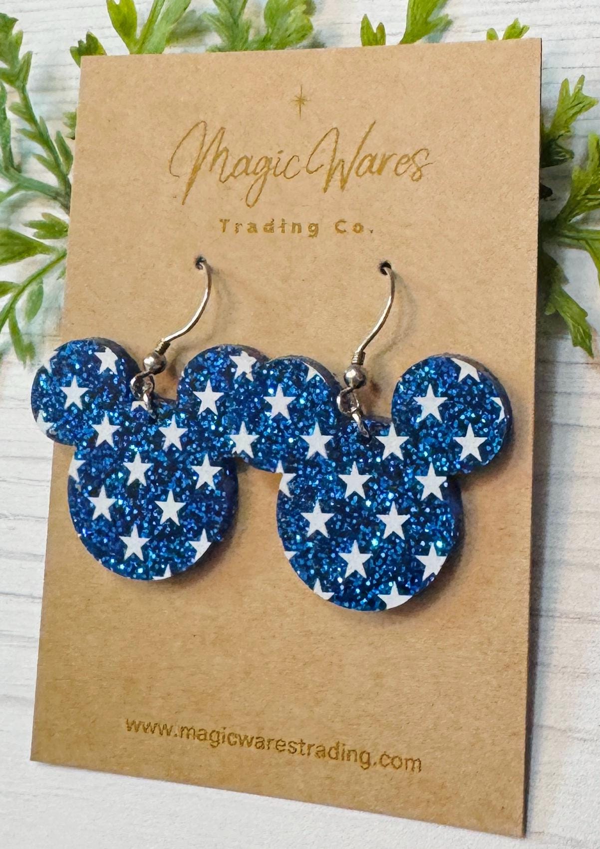 Glitter Stars Mouse head Laser Cut Blue Glitter Acrylic Earrings, 4th of July earrings, Red White and Blue Earrings, USA Flag earrings