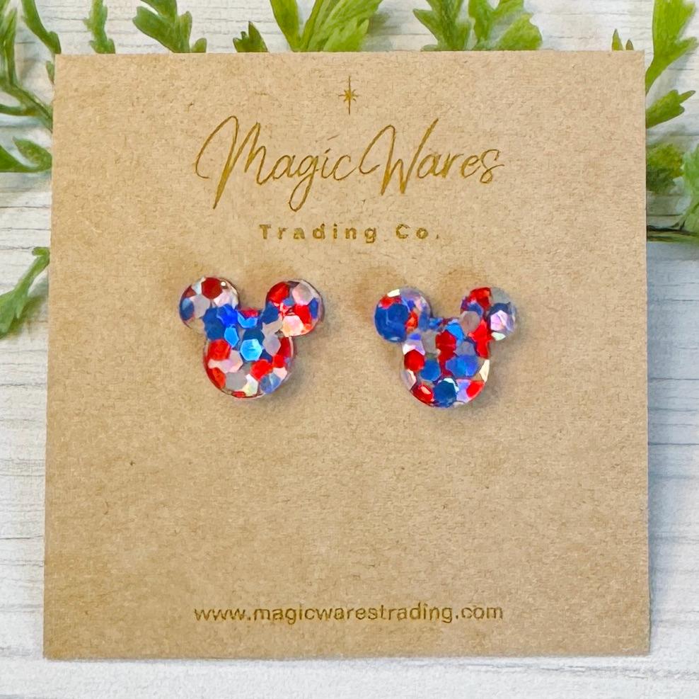 Patriotic Glitter Stud Earrings, Red Silver and Blue Glitter Laser Cut Post Earrings, Pierced Earlobe Earrings, 4th of July Earrings, USA