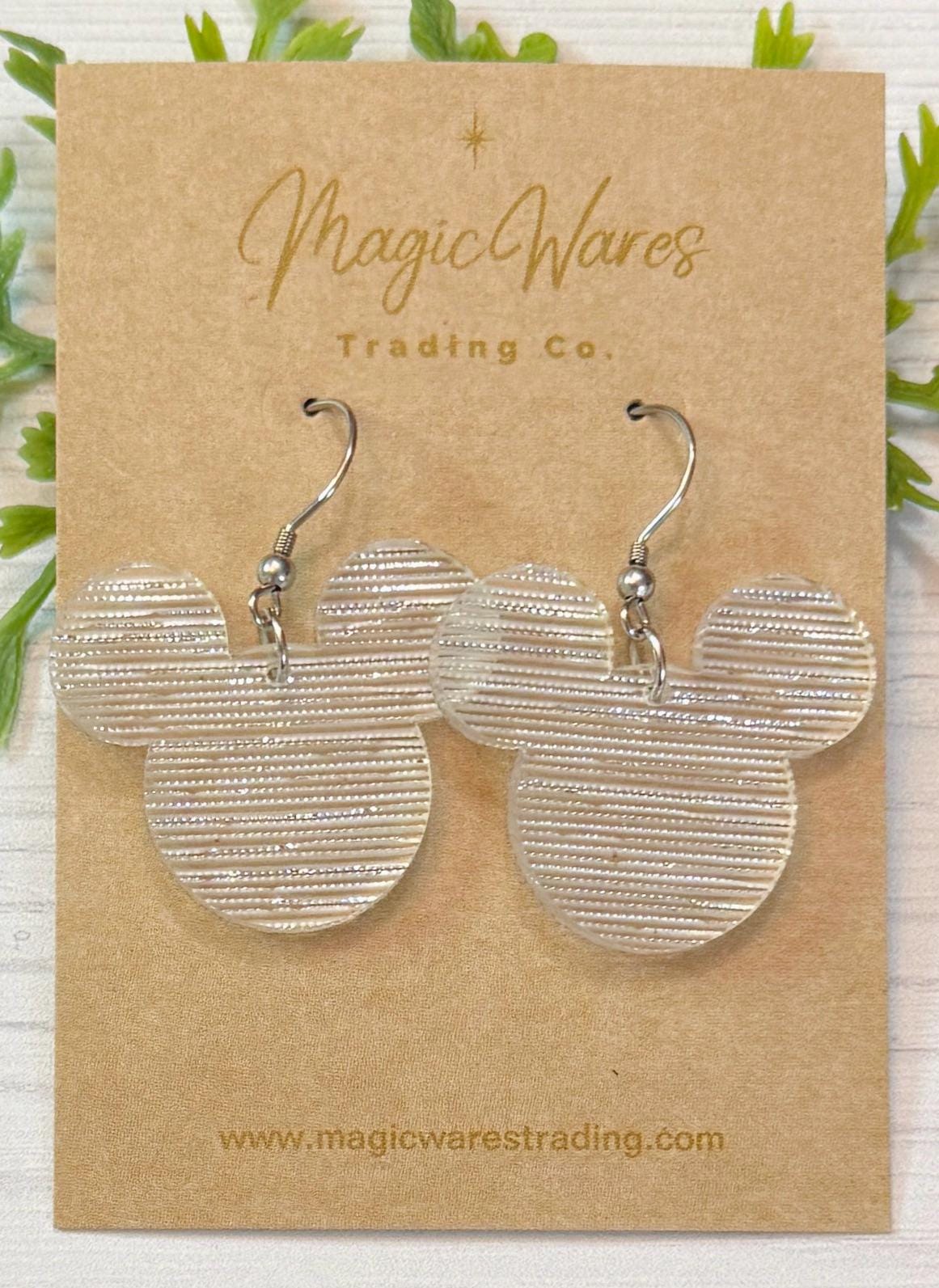 Silver Shimmer Mouse head Dangle Earrings, Laser cut from Silver Fabric Acrylic Earrings, Lightweight Silver shimmer acrylic earrings