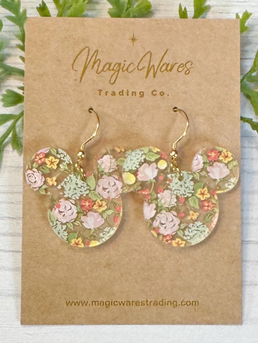Sunday Brunch Floral Mouse Head shaped Acrylic Earrings, Floral pattern Acrylic Dangle Earrings, Mothers Day Earrings, Gifts for Mom