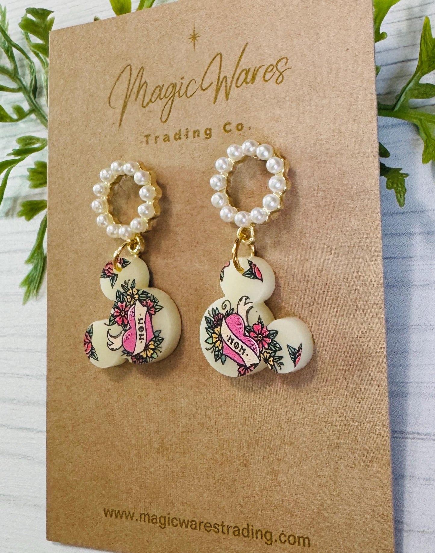 Mom Tattoo Mouse Head Pearl Stud Earrings, Laser Cut Pattern Ivory Acrylic, Pearl Sterling Silver Stud Earrings, Mothers Day Earrings