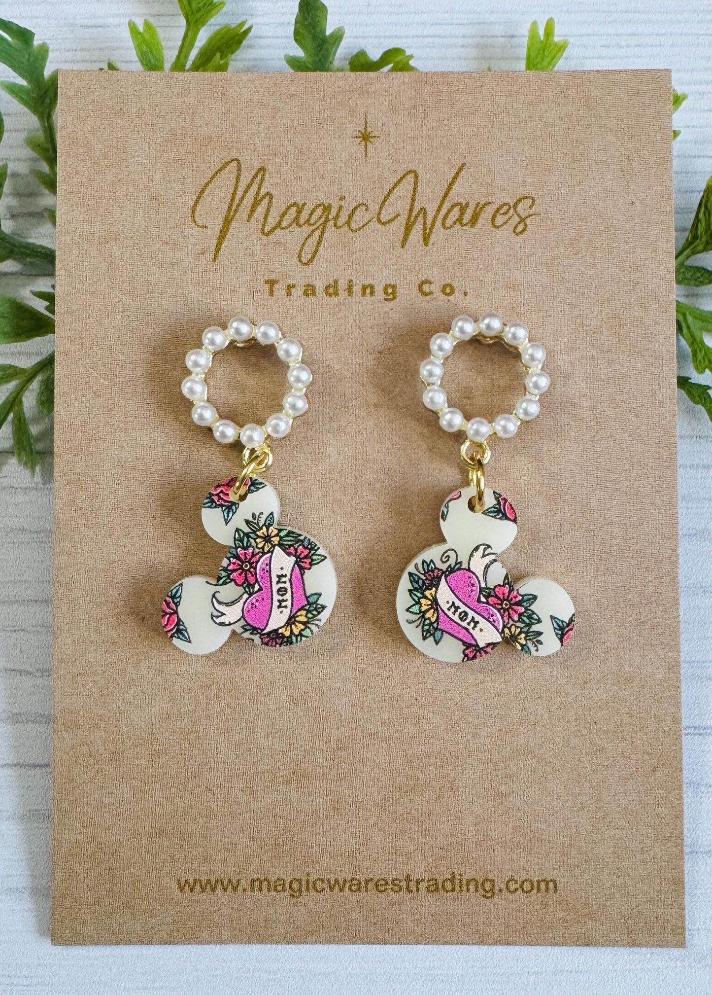 Mom Tattoo Mouse Head Pearl Stud Earrings, Laser Cut Pattern Ivory Acrylic, Pearl Sterling Silver Stud Earrings, Mothers Day Earrings