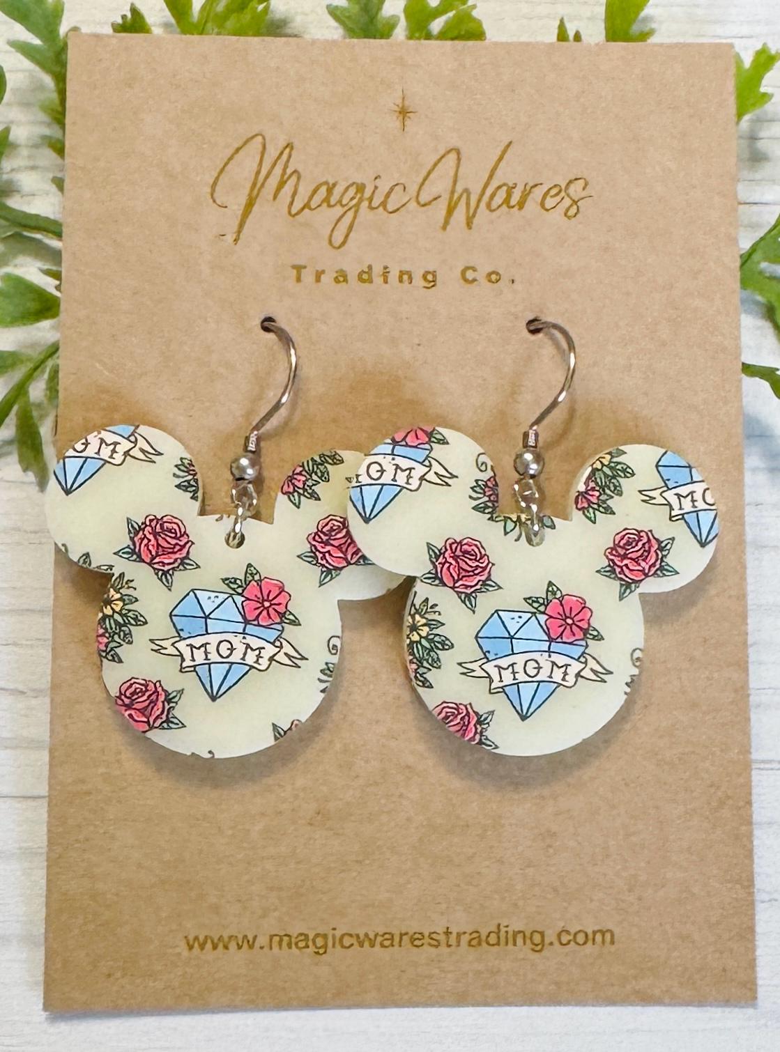 Mom Tattoo Mouse Head shaped Acrylic Earrings, 3 styles of Mothers Day Earrings, Mom Heart Tattoo pattern on Ivory Acrylic, Gifts for Mom