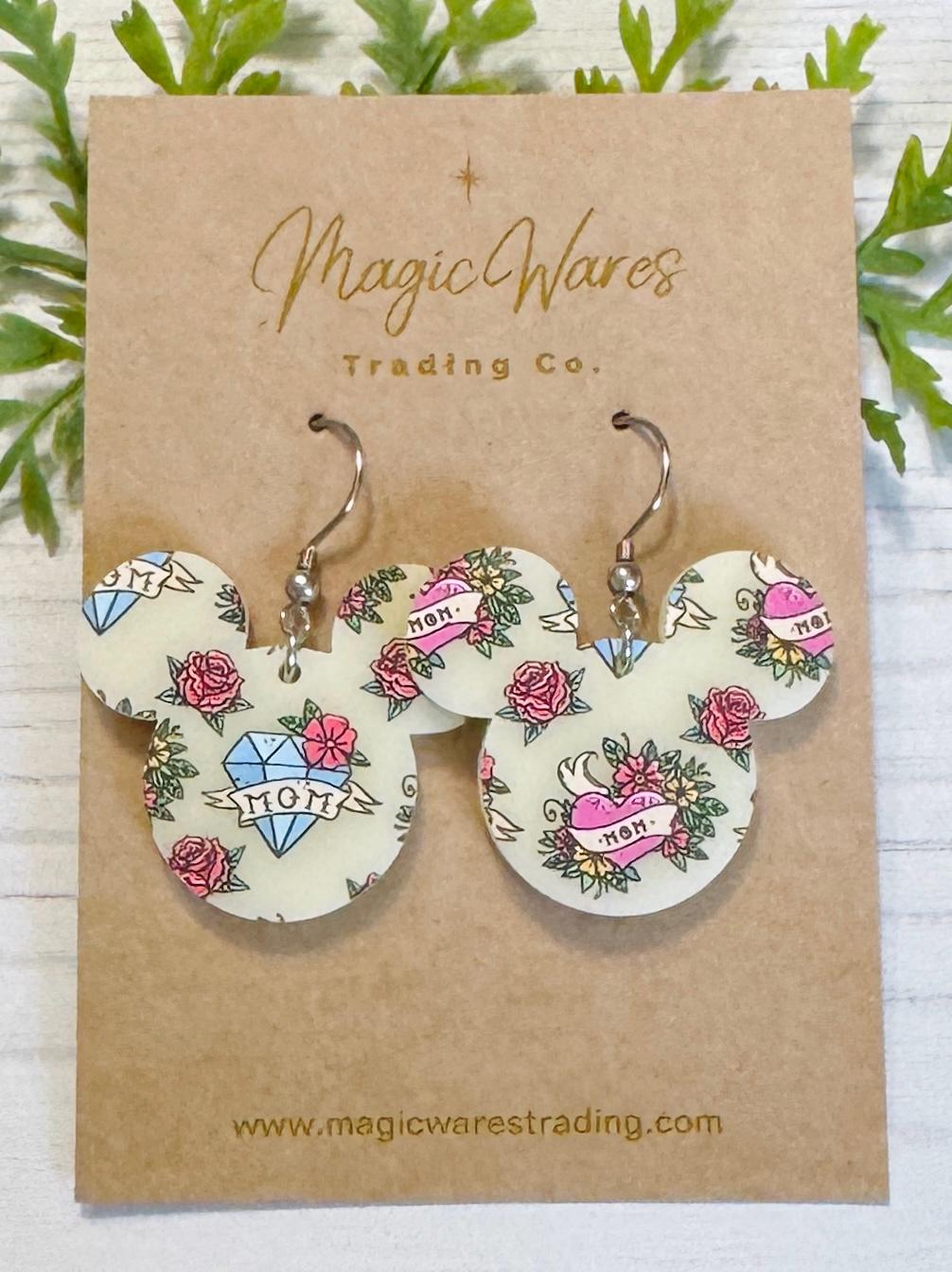 Mom Tattoo Mouse Head shaped Acrylic Earrings, 3 styles of Mothers Day Earrings, Mom Heart Tattoo pattern on Ivory Acrylic, Gifts for Mom