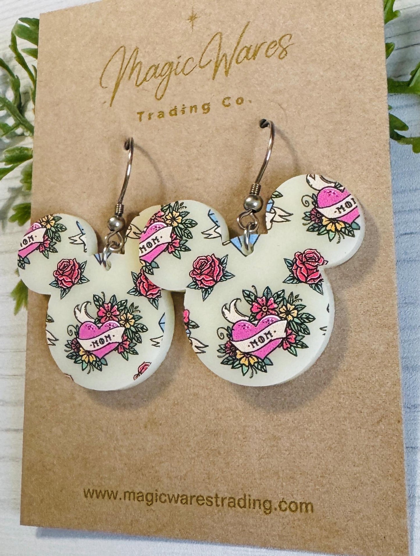Mom Tattoo Mouse Head shaped Acrylic Earrings, 3 styles of Mothers Day Earrings, Mom Heart Tattoo pattern on Ivory Acrylic, Gifts for Mom