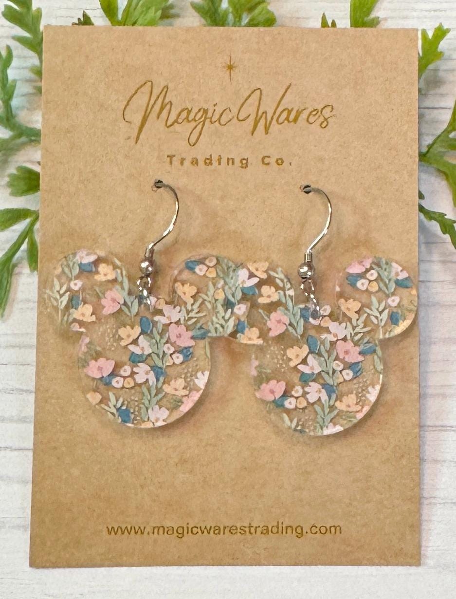 Sweetest Floral Mouse Dangle Earrings, Floral patterned Crystal Acrylic Earrings, Spring Earrings, Gifts for Mom, Flower earrings for spring