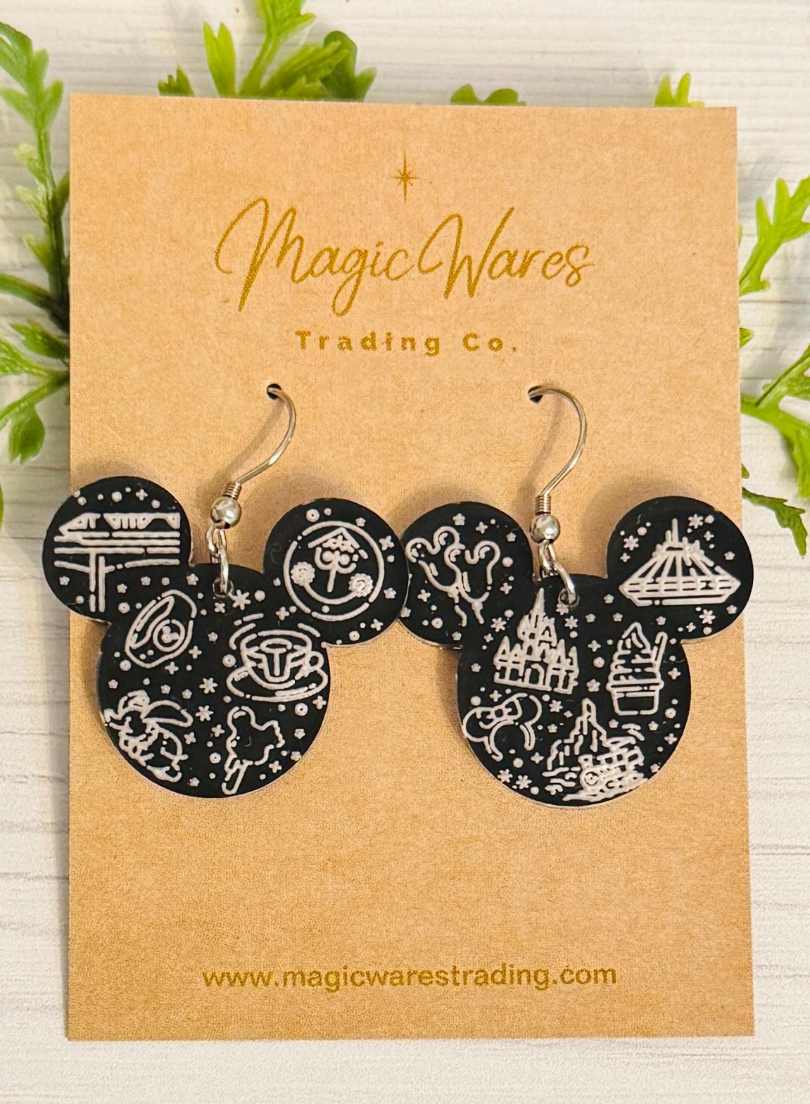 Park Day Engraved Black Crystal Acrylic Earrings, Mouse head Acrylic Engraved Dangle Earrings, MK Rides Earrings, Disney Adult Earrings