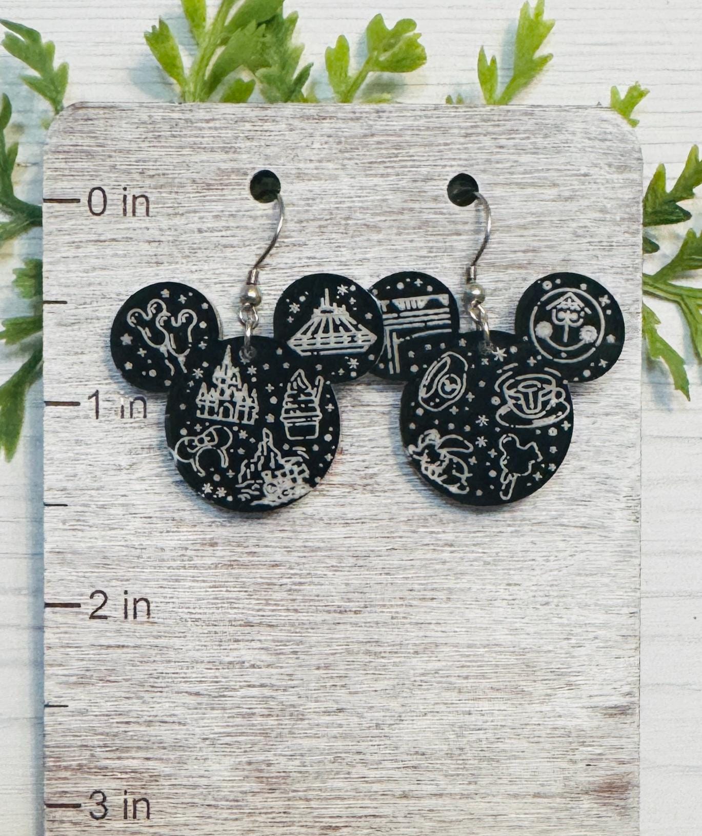 Park Day Engraved Black Crystal Acrylic Earrings, Mouse head Acrylic Engraved Dangle Earrings, MK Rides Earrings, Disney Adult Earrings