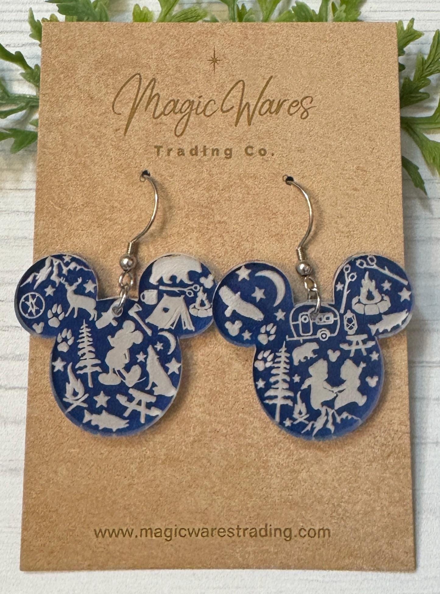 Wilderness Mouse Engraved Blue Crystal Acrylic Earrings, Mouse head Engraved Dangle Earrings, Camping Earrings, Disney Adult Earrings