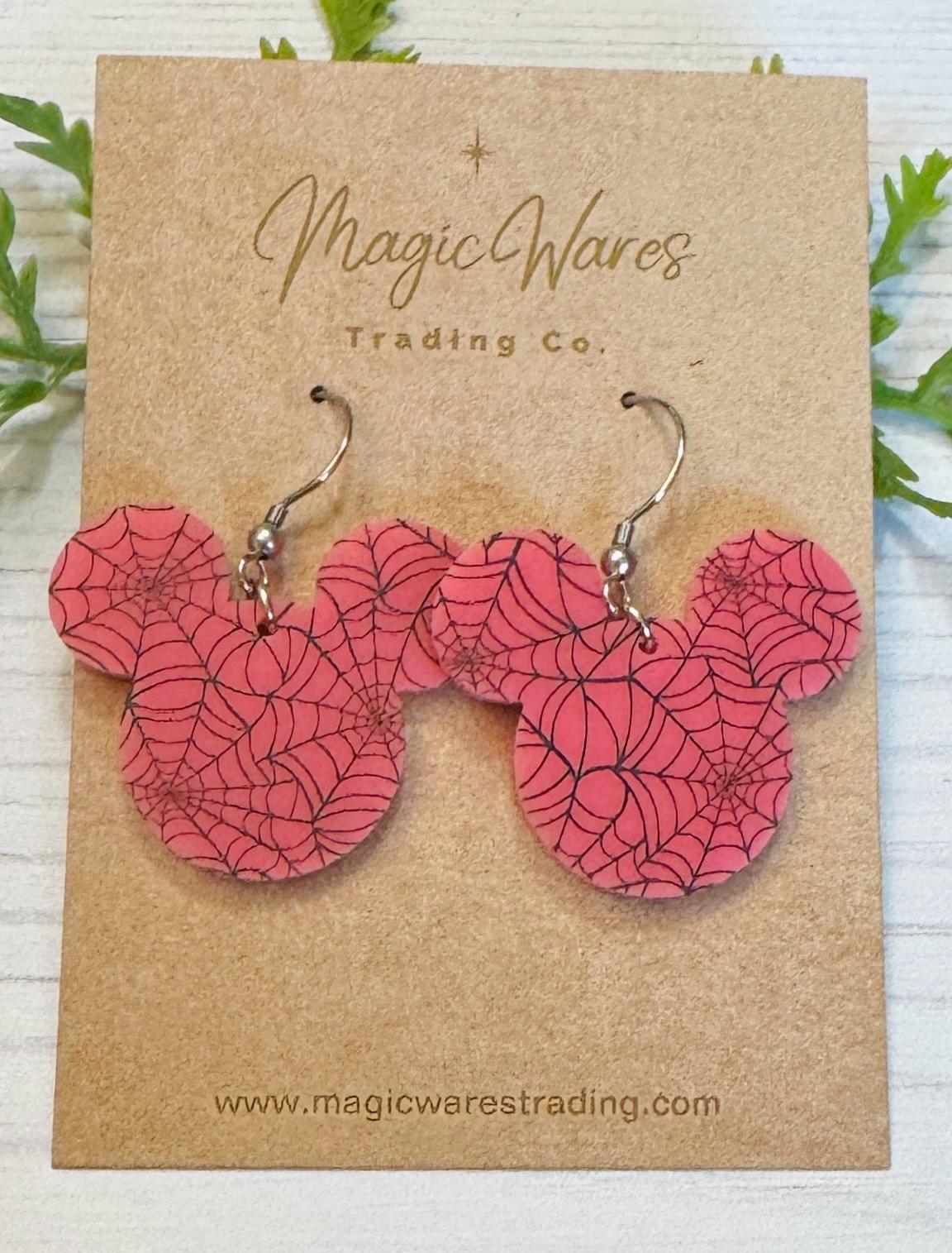 Pink Spiderwebs Laser cut Mouse head Dangle Earrings, Spiderweb Pattern Crystal Acrylic Halloween earrings, Not So Scary Halloween Party