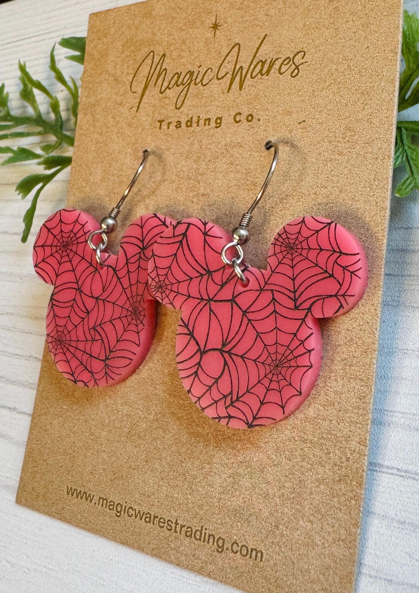 Pink Spiderwebs Laser cut Mouse head Dangle Earrings, Spiderweb Pattern Crystal Acrylic Halloween earrings, Not So Scary Halloween Party