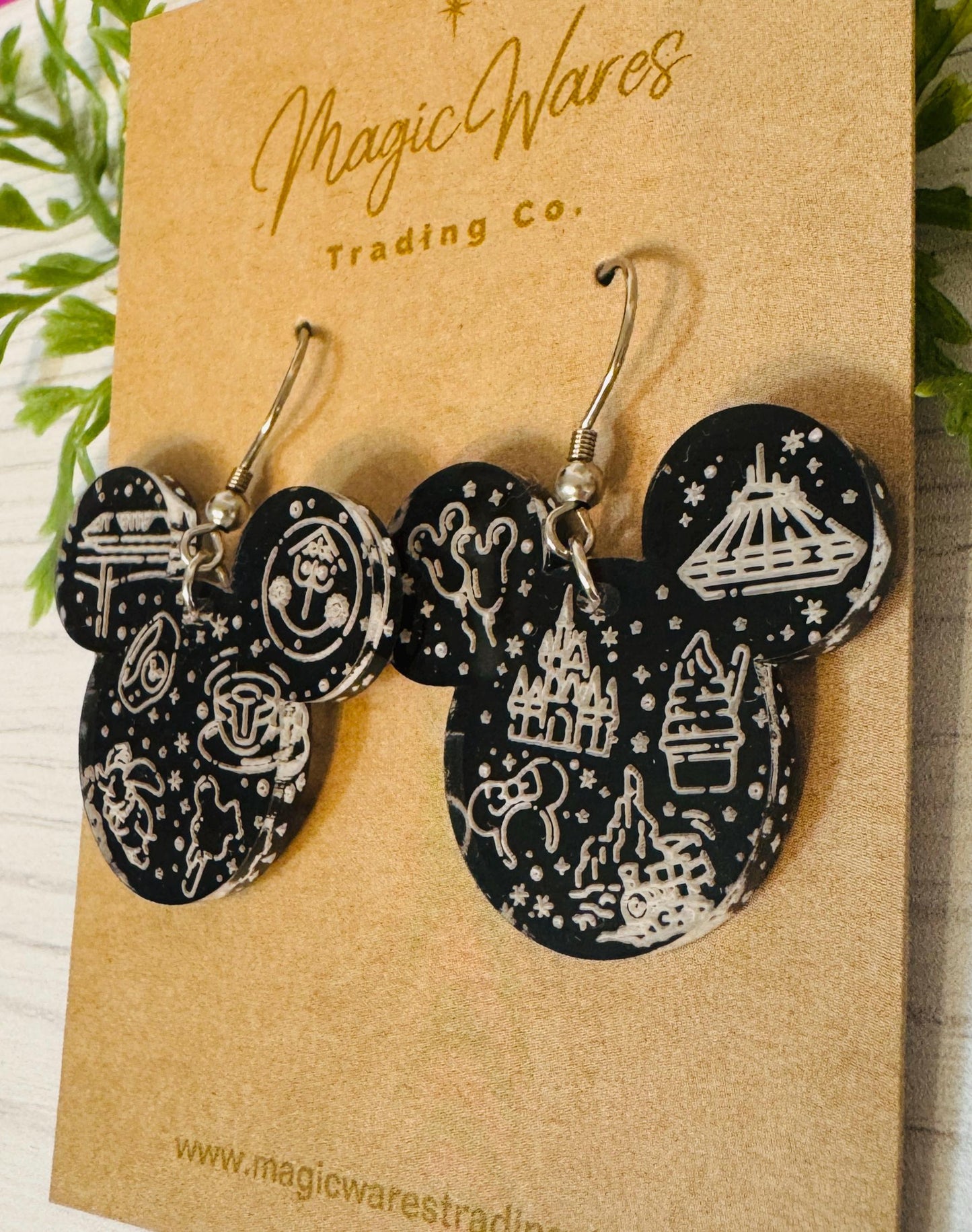 Park Day Engraved Black Crystal Acrylic Earrings, Mouse head Acrylic Engraved Dangle Earrings, MK Rides Earrings, Disney Adult Earrings