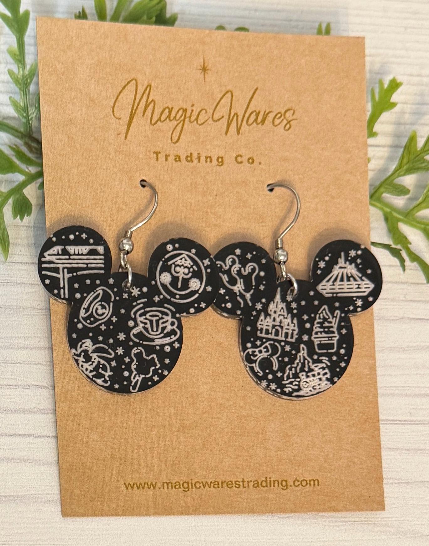 Park Day Engraved Black Crystal Acrylic Earrings, Mouse head Acrylic Engraved Dangle Earrings, MK Rides Earrings, Disney Adult Earrings